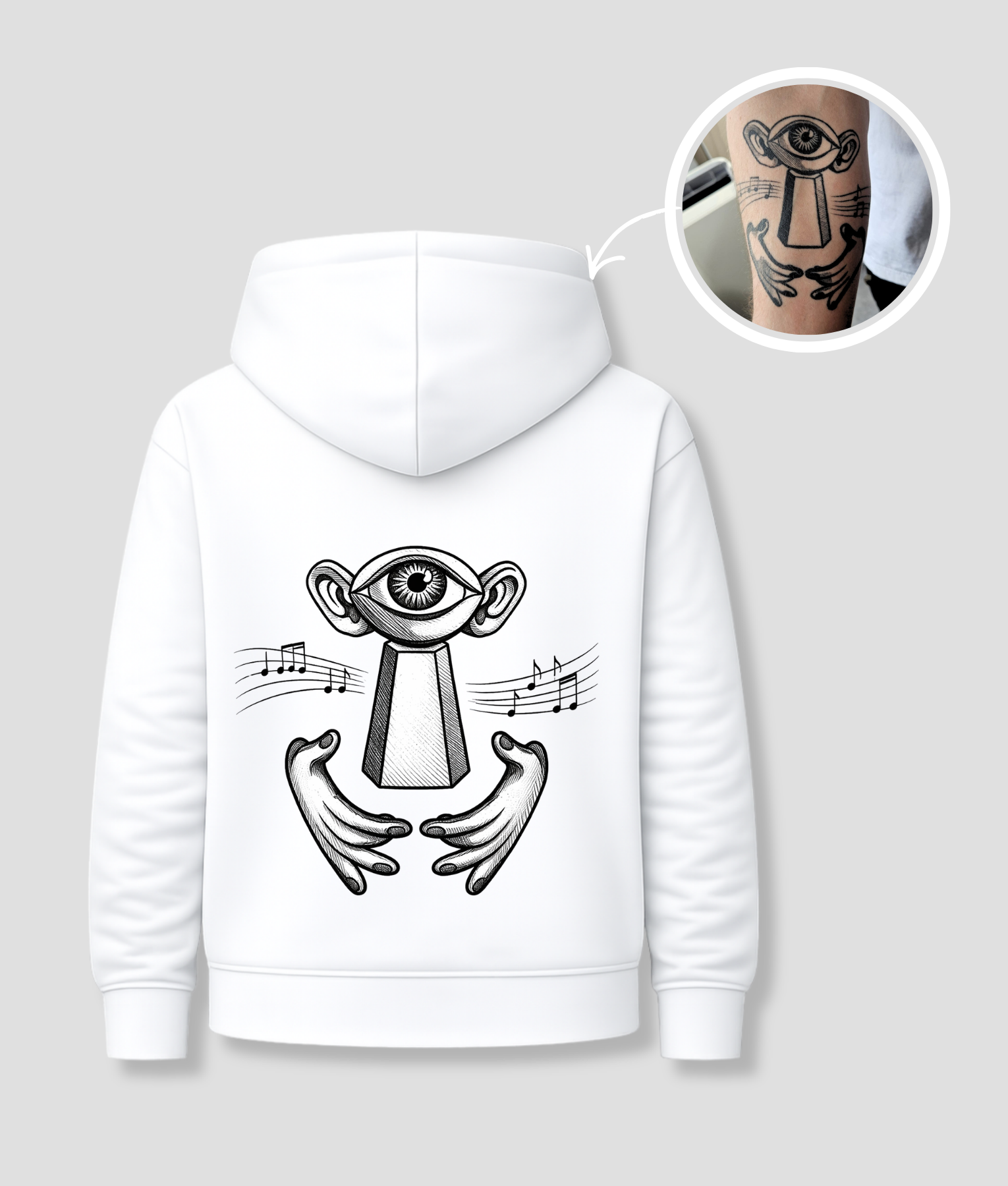 Witte unisex hoodie met surrealistisch oog-wezen opdruk van PEP SCHEP – grote zwarte rugprint met mystieke illustratie van figuur met oog, handen en muzieknoten