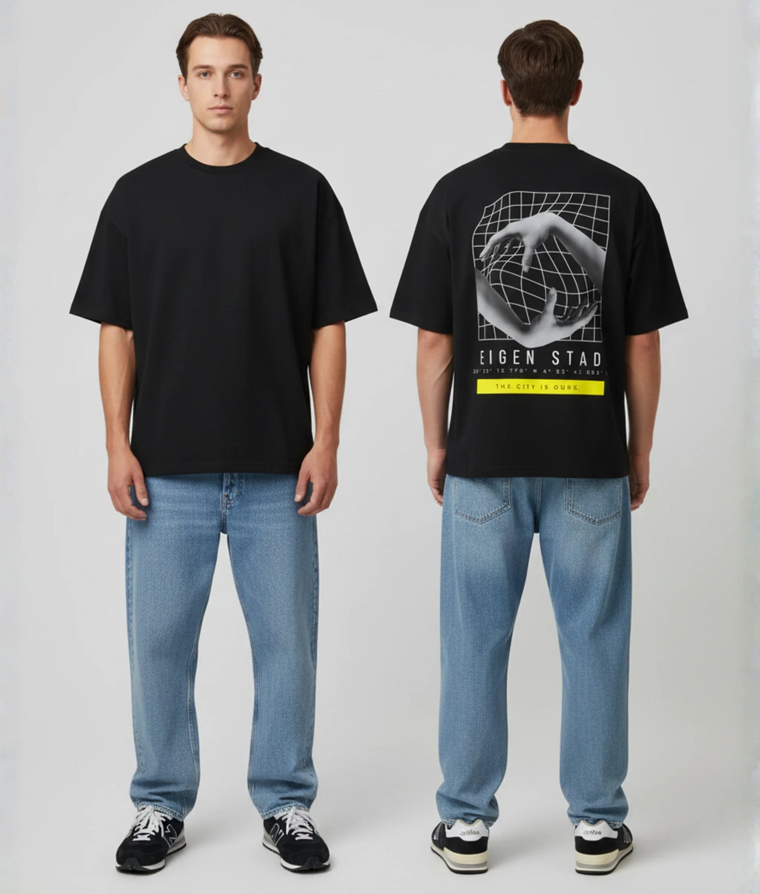 Zwart T-shirt met witte globe illustratie, EIGEN STAD tekst en gele THE CITY IS OURS banner op de rug