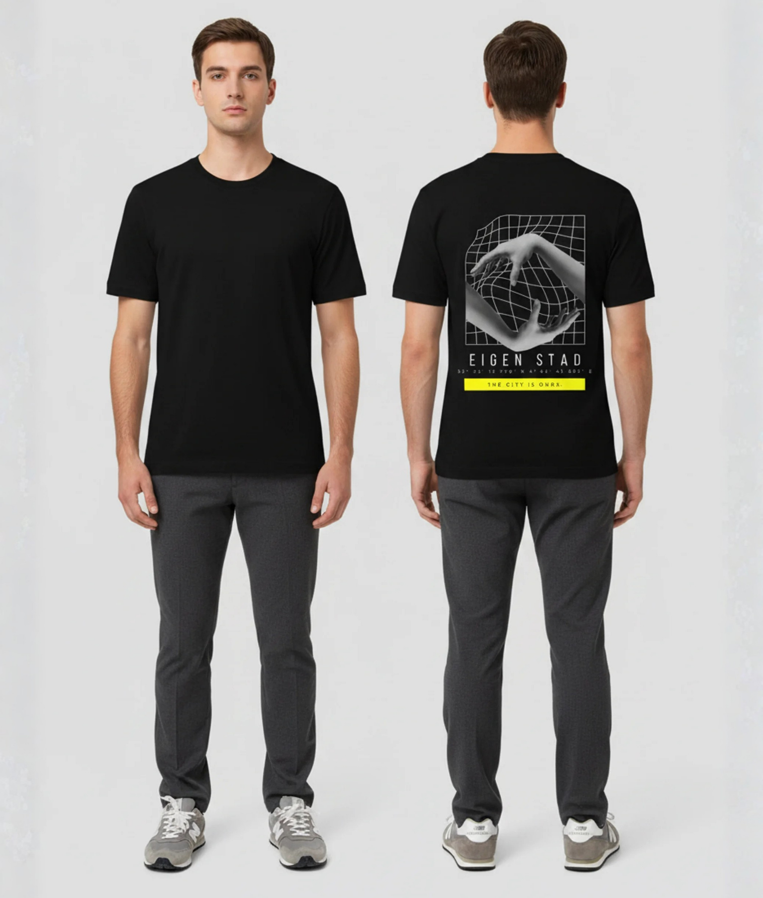 Zwart T-shirt met EIGEN STAD tekst, witte handen die een globe vasthouden op grid achtergrond en THE CITY IS OURS tekst op gele banner op de rug