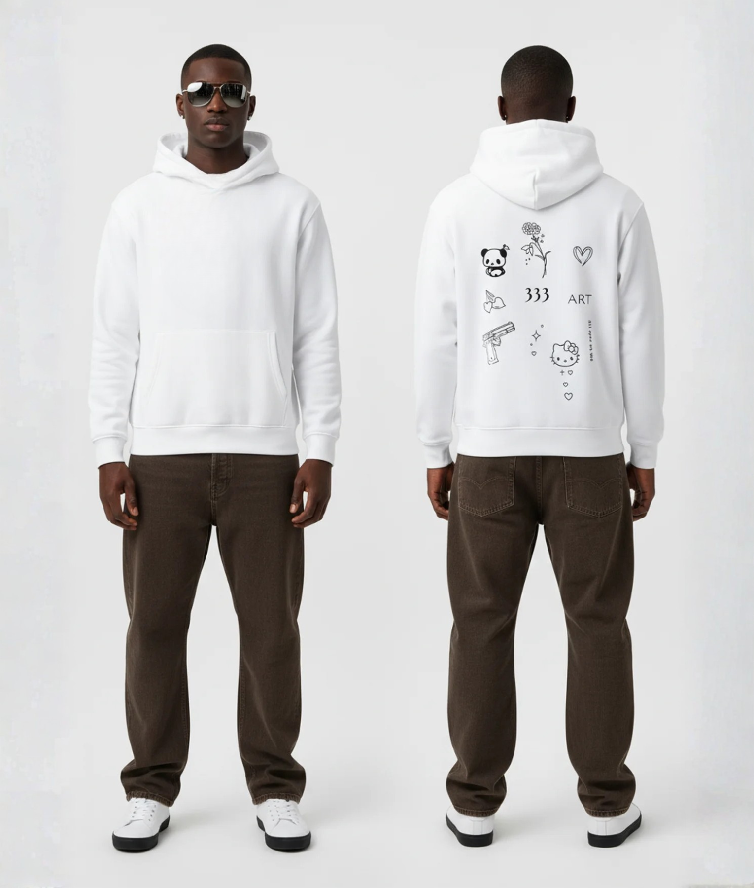 Witte hoodie met zwarte tattoo-illustraties en eigen print op de rug