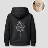 Zwarte unisex hoodie met gepersonaliseerde tattoo opdruk van PEP SCHEP – rugprint met witte bloemen boeket illustratie, eigen tattoo te uploaden als print