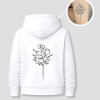 Witte unisex hoodie met gepersonaliseerde tattoo opdruk van PEP SCHEP – rugprint met zwarte bloemen boeket illustratie, eigen tattoo te uploaden als print