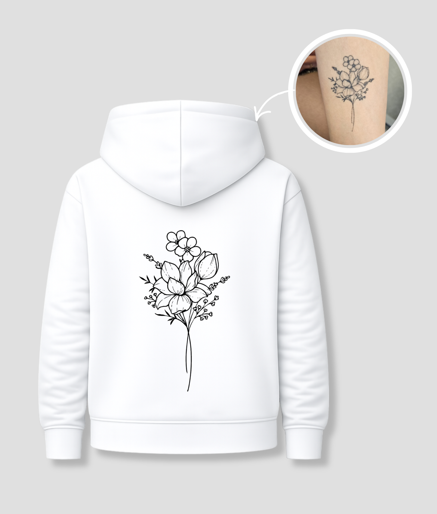 Witte unisex hoodie met gepersonaliseerde tattoo opdruk van PEP SCHEP – rugprint met zwarte bloemen boeket illustratie, eigen tattoo te uploaden als print