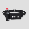 Zwarte fanny pack met fleshouder en witte tekst CUSTOM opdruk op voorzijde