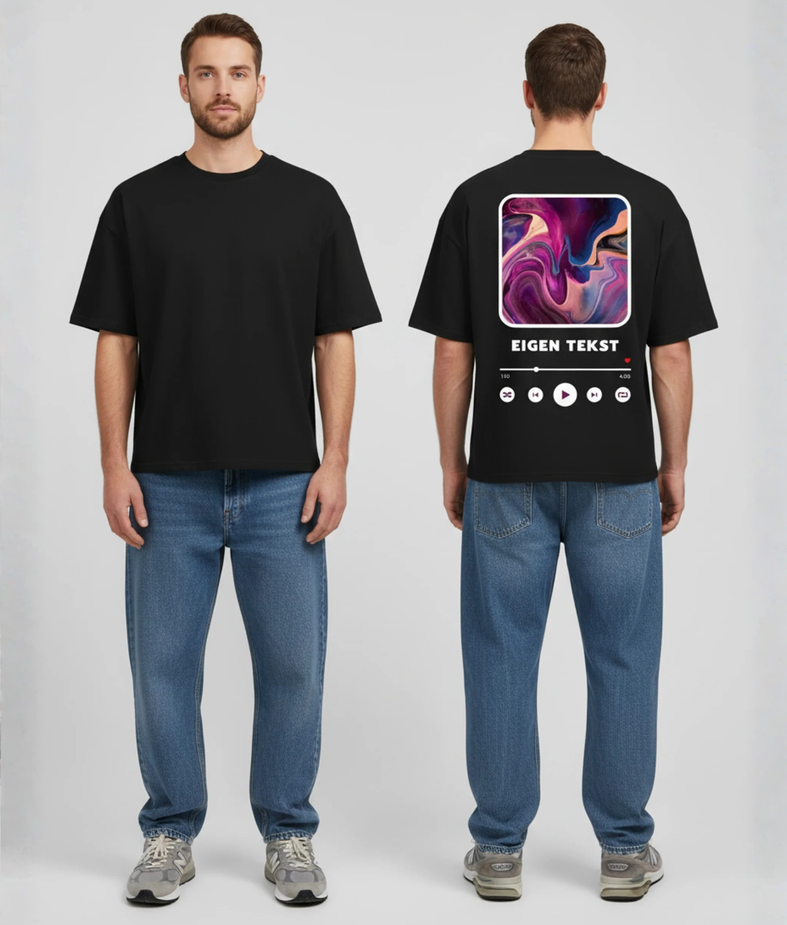 Zwart T-shirt met muziekspeler print, kleurrijke abstracte albumhoes en eigen tekst op de rug