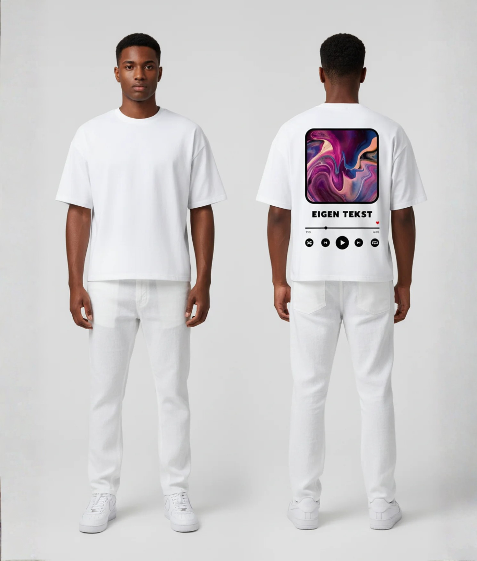 Wit T-shirt met muziekspeler print, kleurrijke abstracte albumhoes en eigen tekst op de rug