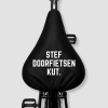 Zwarte fietszadelhoes met grappige eigen tekst voorbeeld gepersonaliseerde zadelhoes met zelf te kiezen tekst cadeau voor fietsers