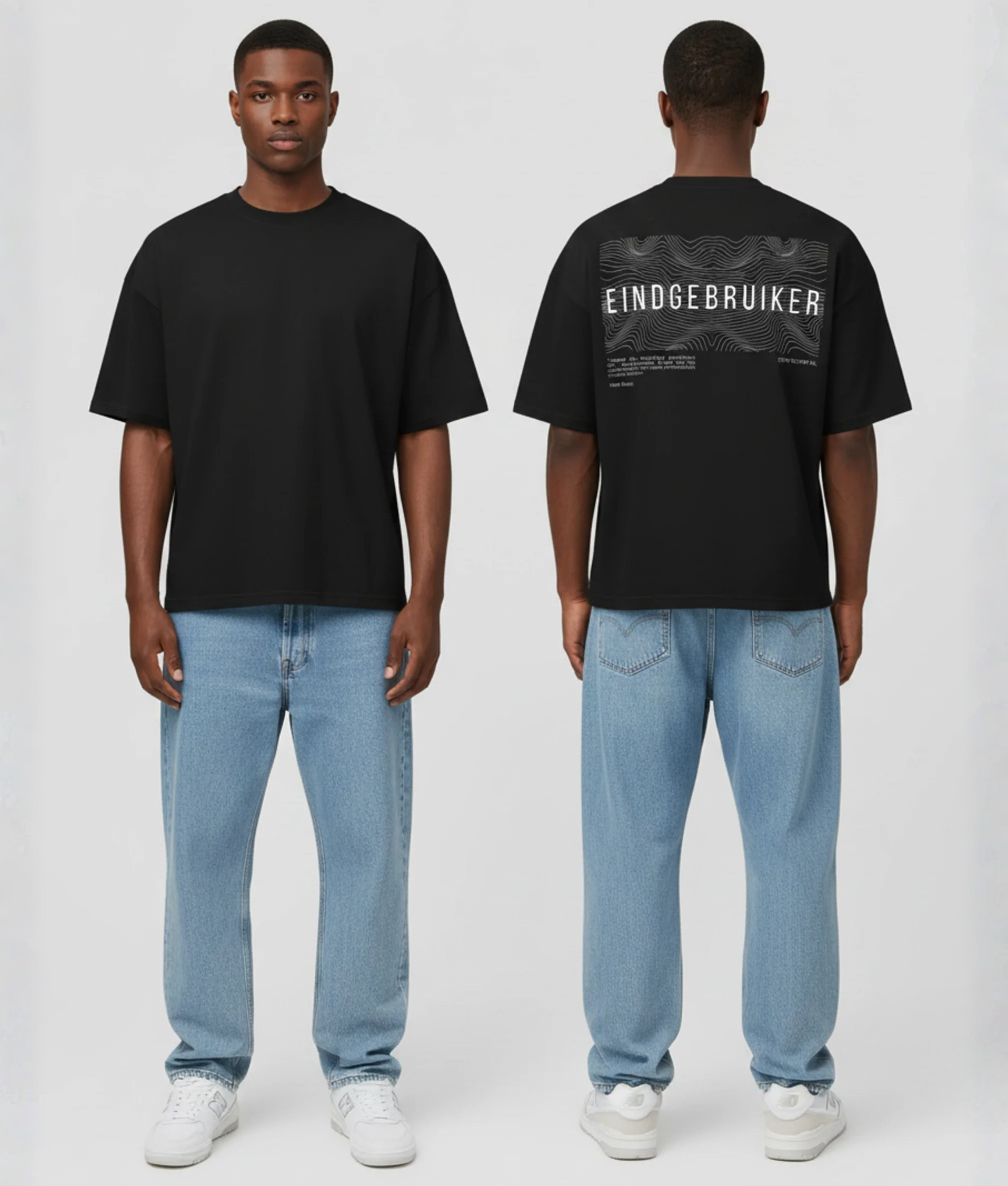 Zwart T-shirt met EINDGEBRUIKER tekst en golvende lijnen print op de rug