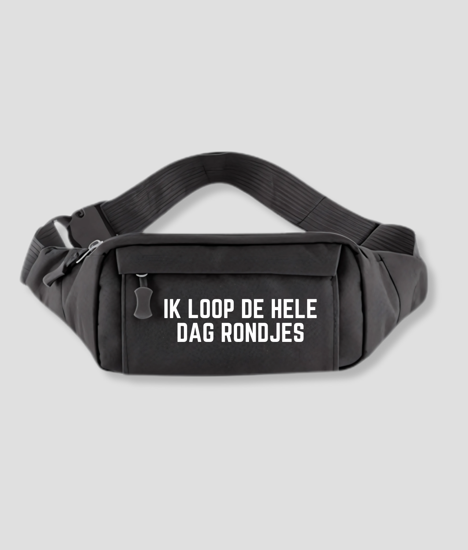 Donkergrijze fanny pack met witte tekst IK LOOP DE HELE DAG RONDJES op voorzijde