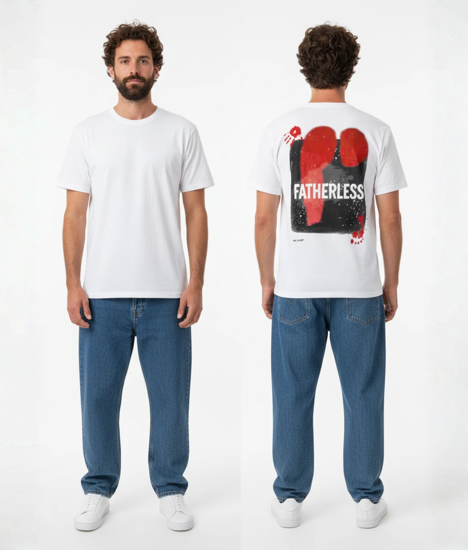 Wit T-shirt met FATHERLESS tekst en rode abstracte vormen op zwarte achtergrond in een kader op de rug