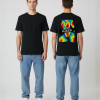Zwart T-shirt met kleurrijke warmtekaart illustratie in regenboogkleuren en FEARLESS tekst op een zwart band op de rug
