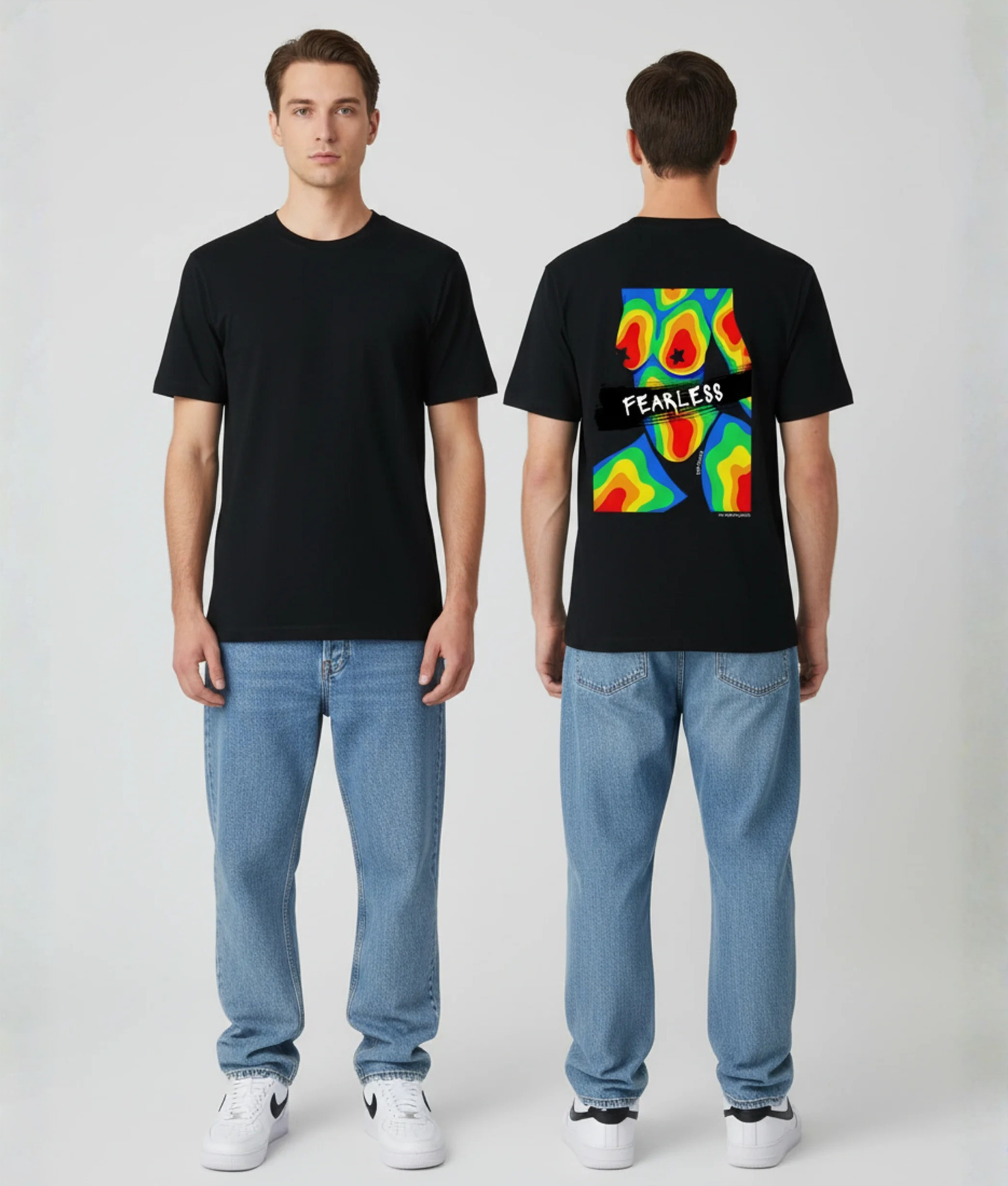 Zwart T-shirt met kleurrijke warmtekaart illustratie in regenboogkleuren en FEARLESS tekst op een zwart band op de rug