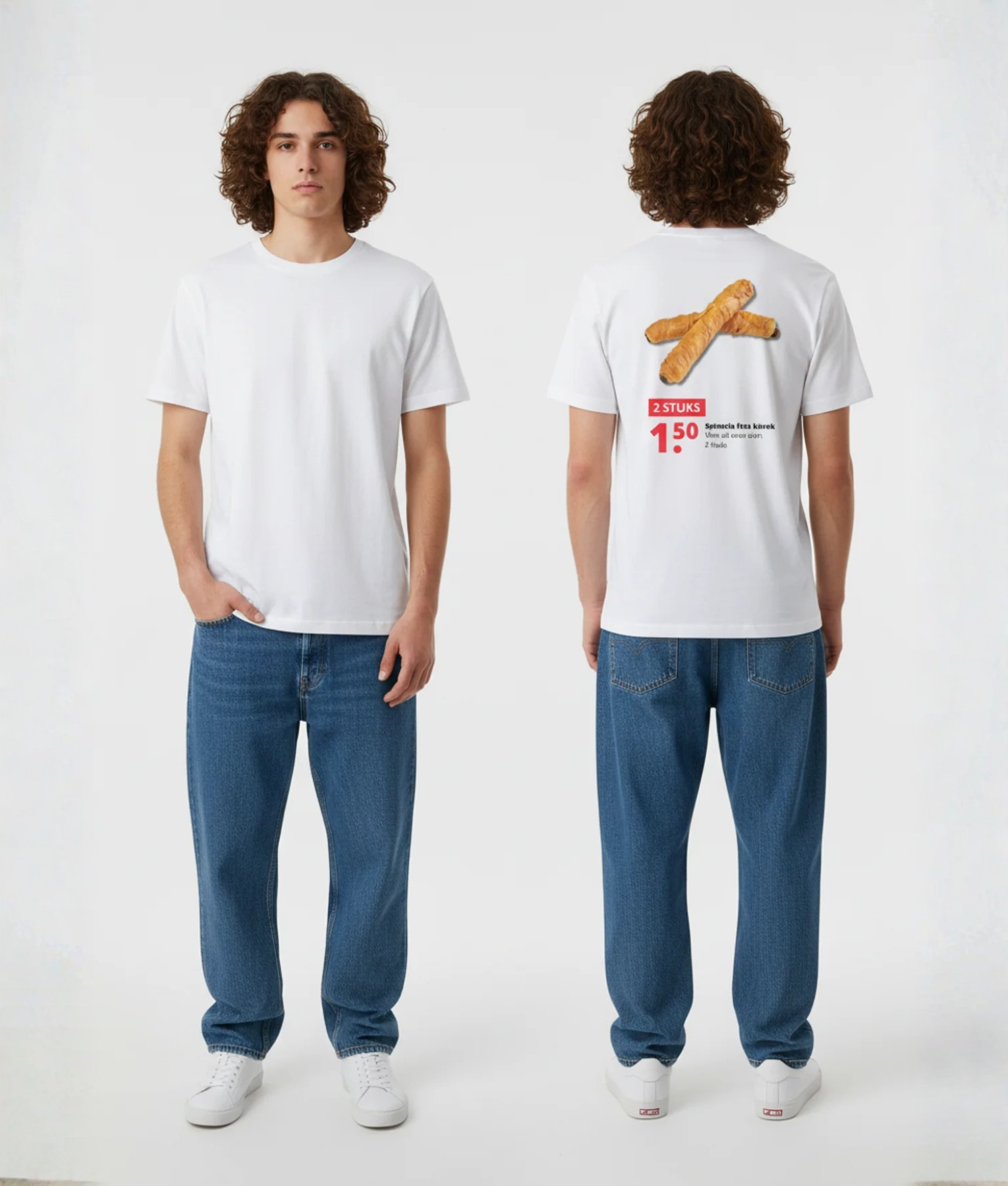 Wit T-shirt met supermarkt aanbieding print van spinazie feta broodjes met foto, 2 STUKS, 1,50 prijs en Spinazie Feta broodje tekst op de rug