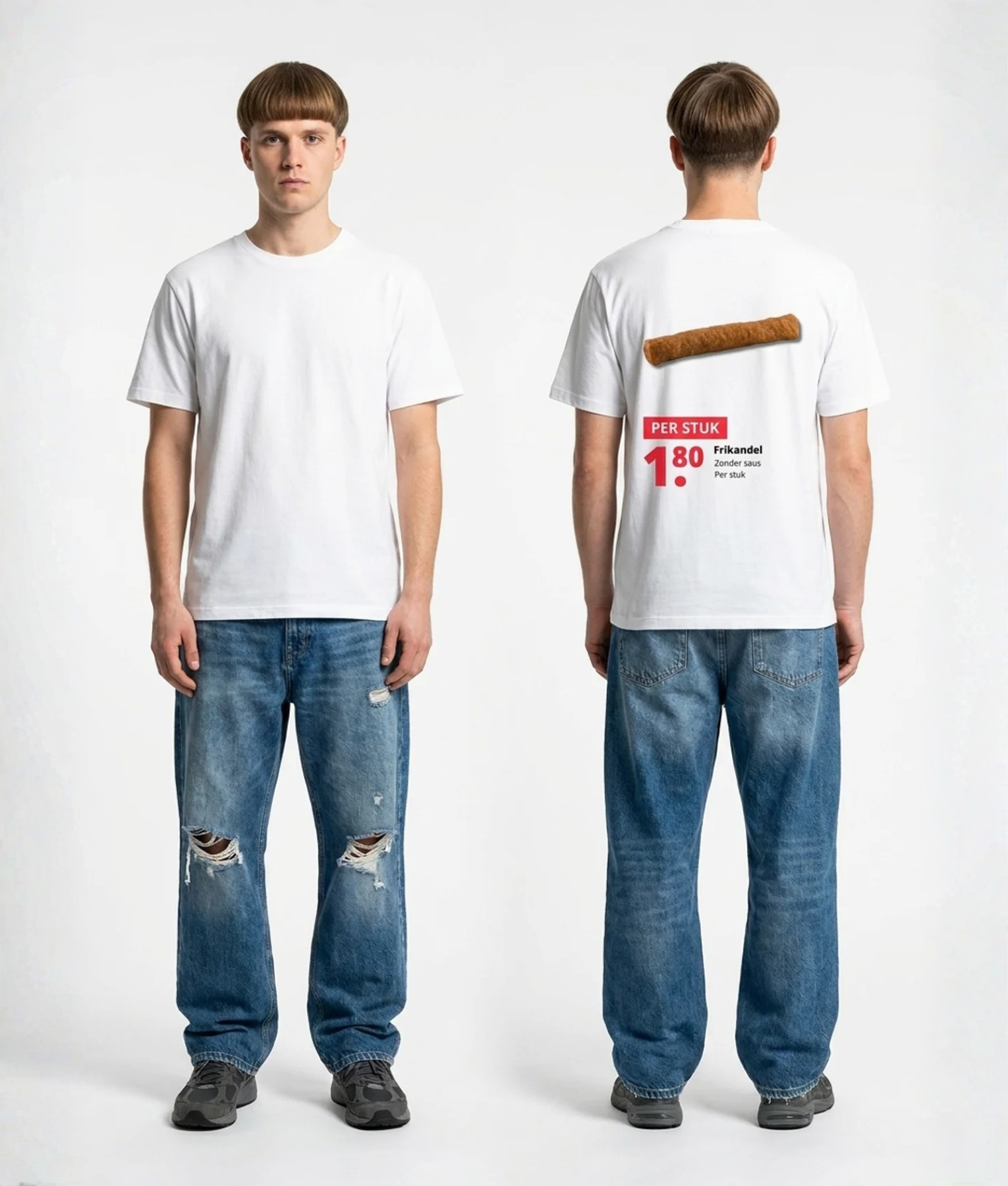 Wit unisex t-shirt met Frikandel opdruk van PEP SCHEP – grote rugprint met frikandel illustratie en supermarkt prijskaartje stijl design
