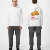 Witte hoodie met frikandelbroodje foto-print en rode supermarkt-sticker op de rug
