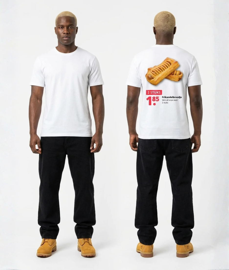Wit unisex t-shirt met Frikandelbroodje opdruk van PEP SCHEP – grote rugprint met twee frikandelbroodjes illustratie en supermarkt prijskaartje design