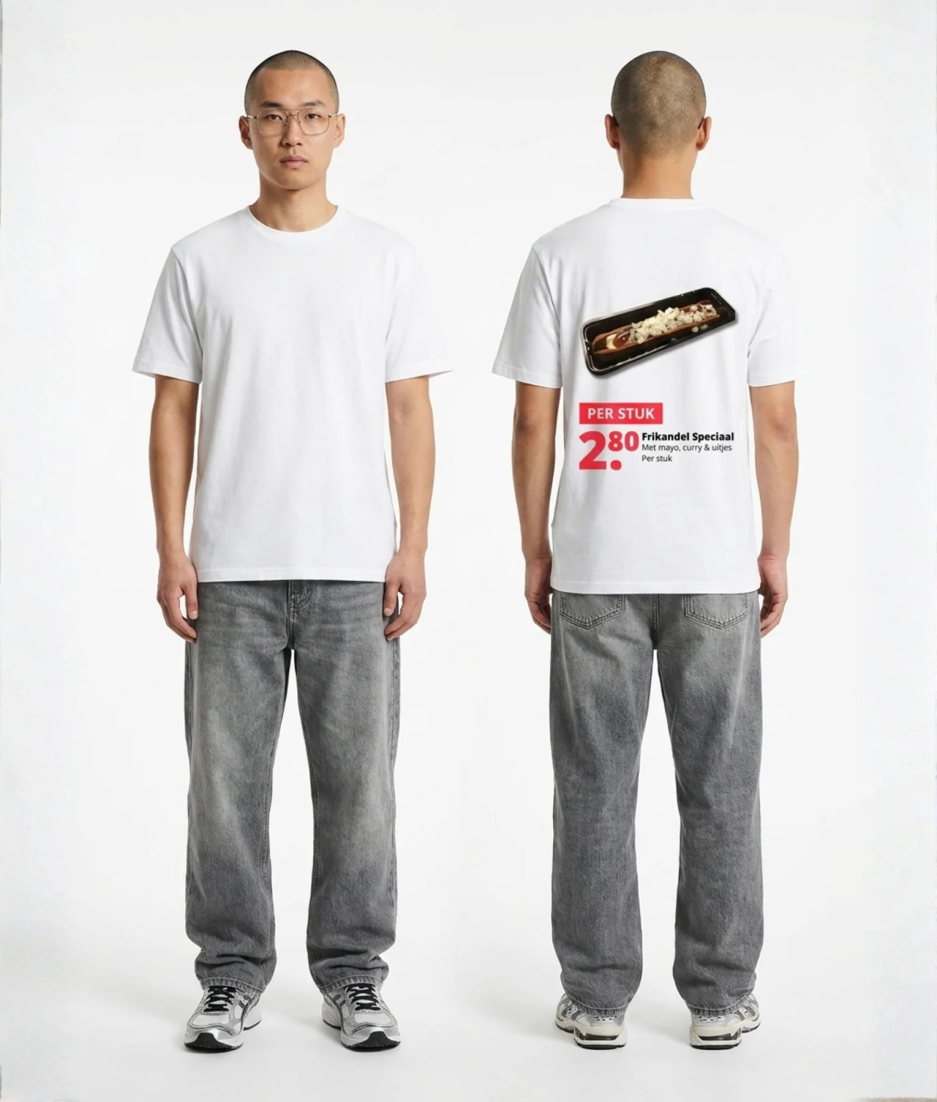 Wit unisex t-shirt met Frikandelspeciaal opdruk van PEP SCHEP – grote rugprint met frikandelspeciaal in bakje en supermarkt prijskaartje stijl design