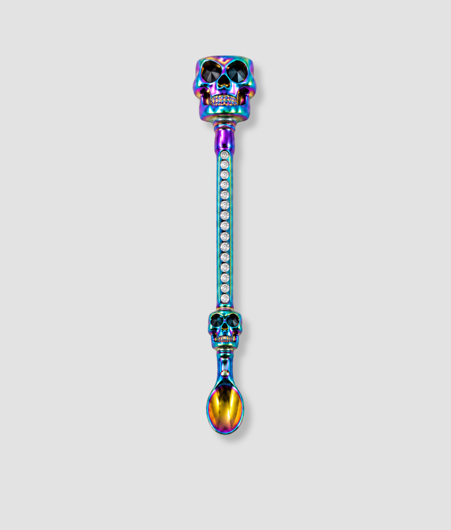 Metallic holografisch gekleurde doodskop mini schep cocktailstirrer met twee schedel figuren en kristallen steel grappig feest accessoire