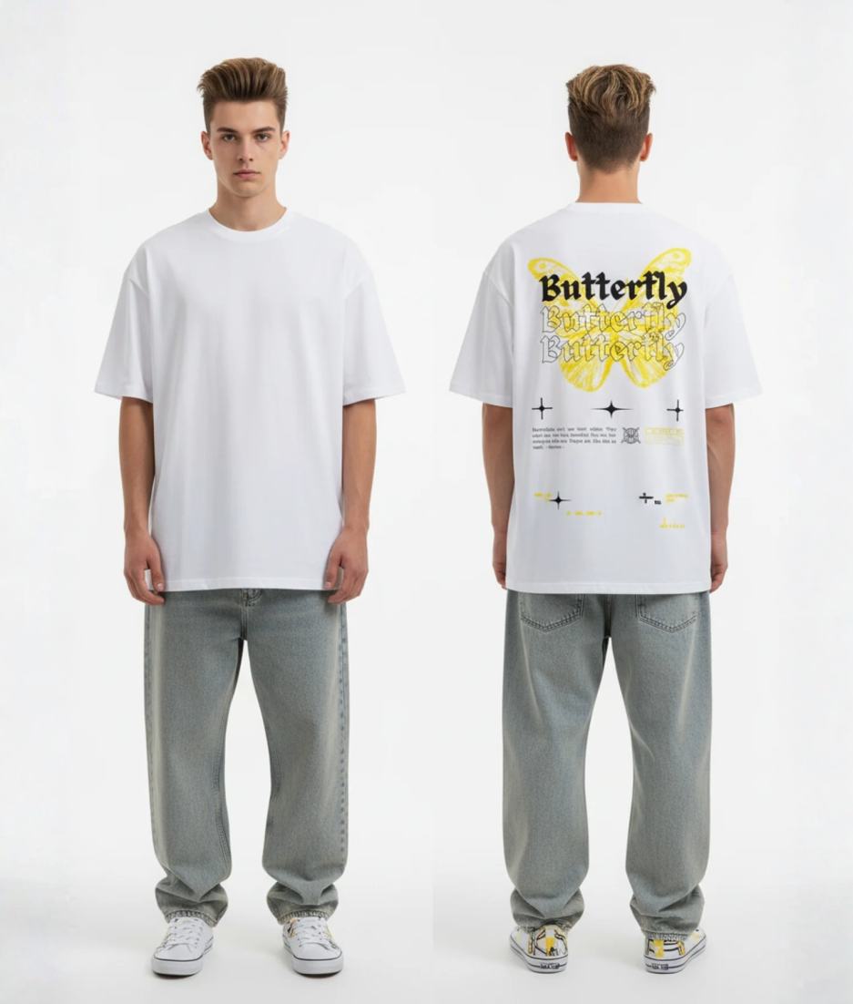 Wit T-shirt met gele vlinder en Butterfly tekst op de rug
