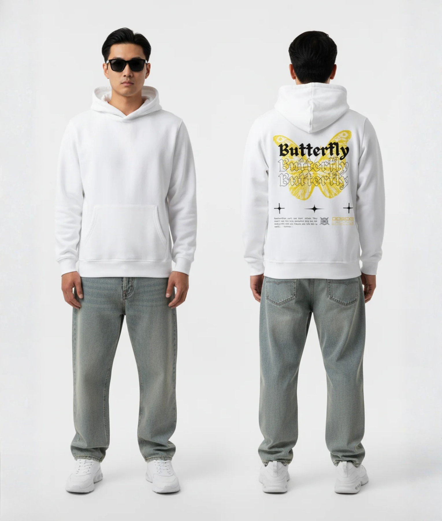 Witte hoodie met gele vlinder en Butterfly print op de rug
