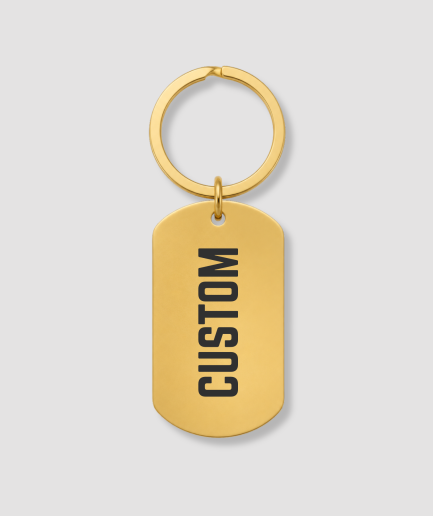 Gouden RVS dog tag sleutelhanger met zwarte tekst CUSTOM gravure