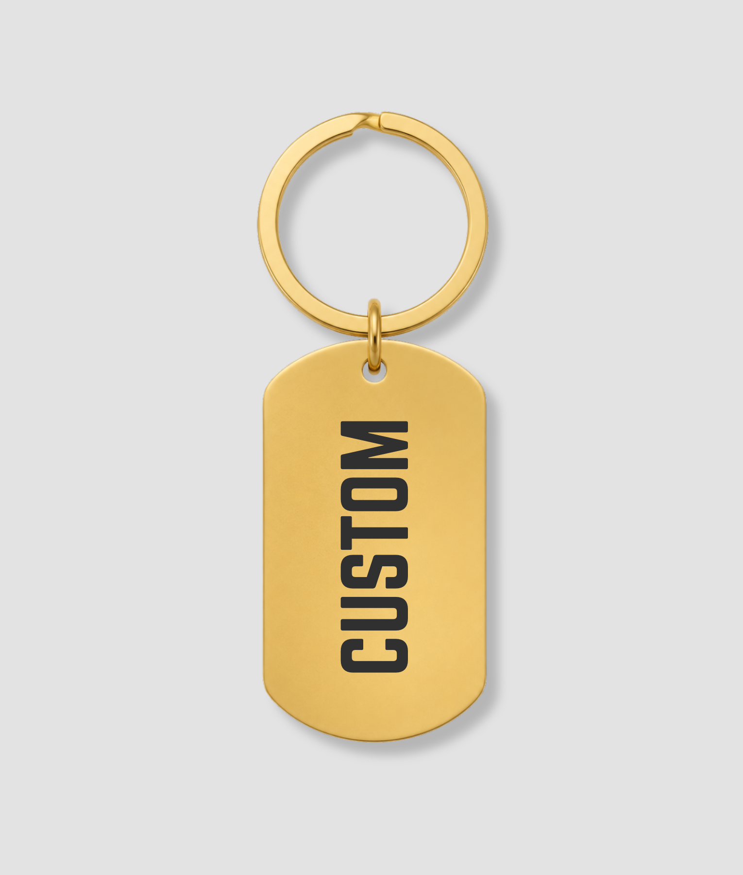 Gouden RVS dog tag sleutelhanger met zwarte tekst CUSTOM gravure