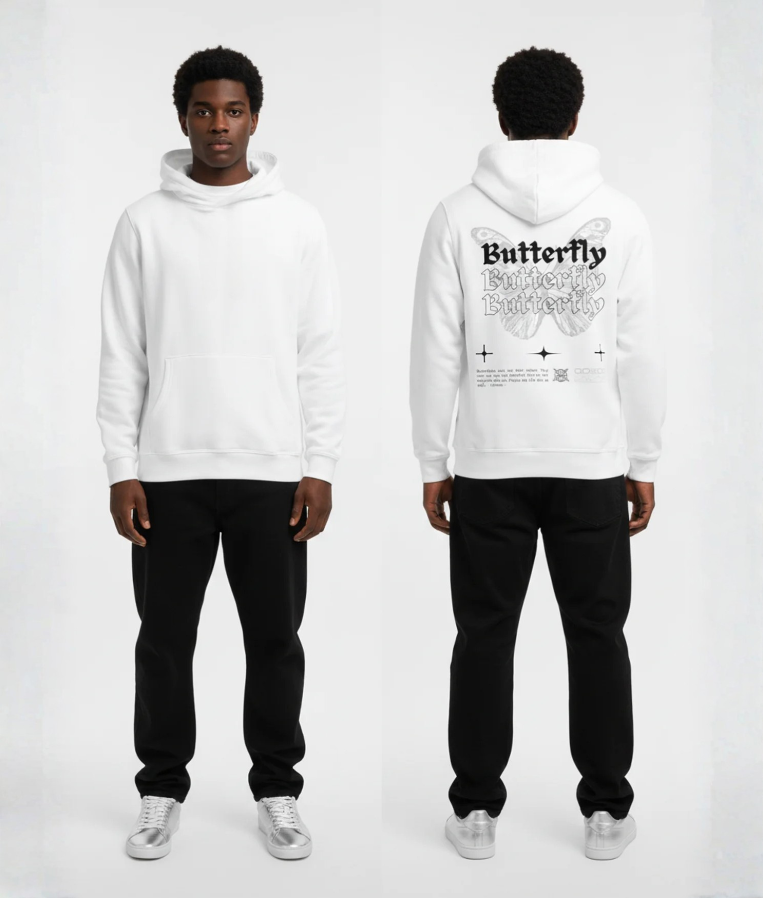 Witte hoodie met grijze vlinder en Butterfly print op de rug