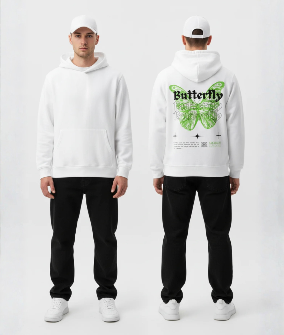 Witte hoodie met groene vlinder en Butterfly print op de rug