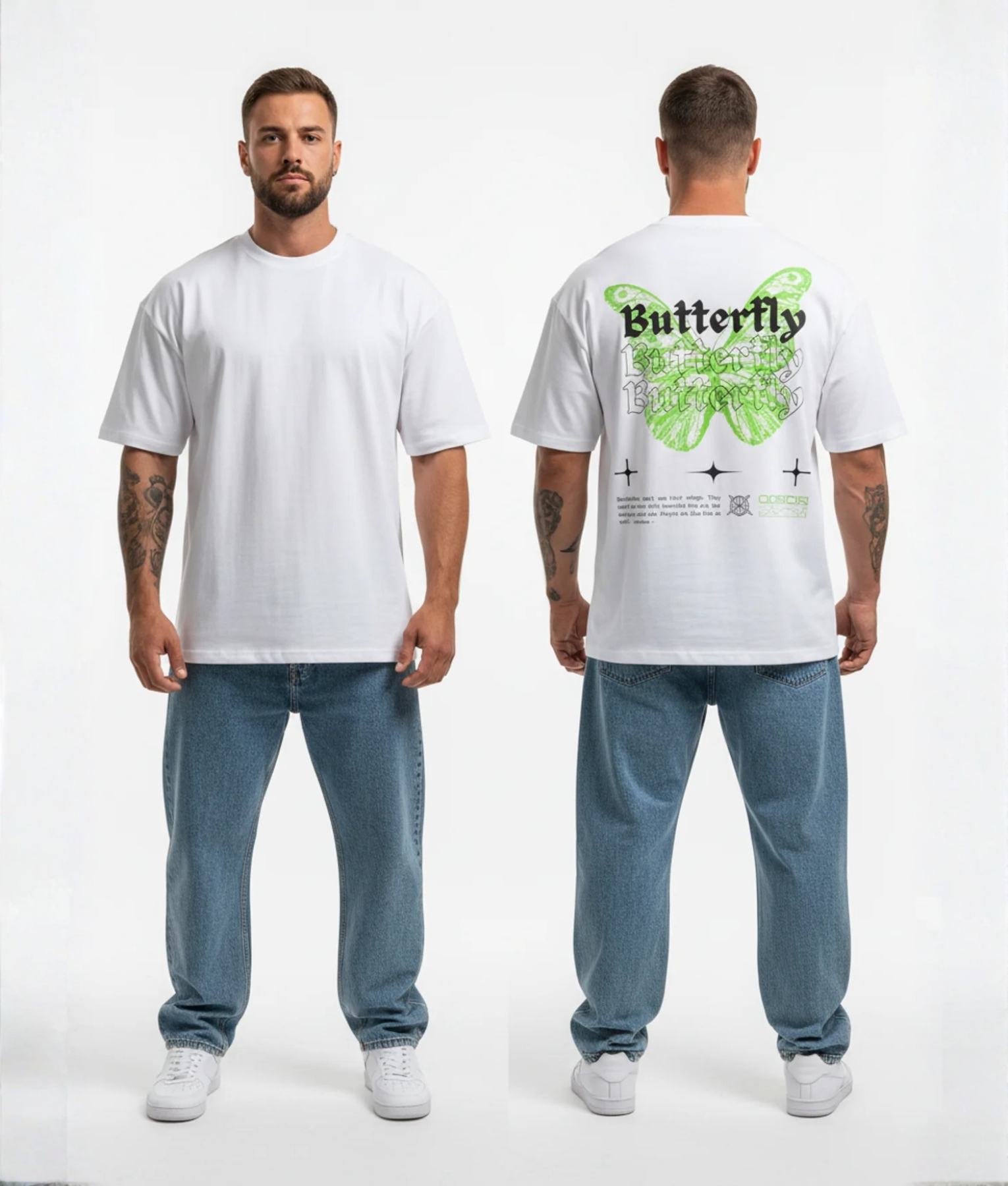 Wit T-shirt met groene vlinder en Butterfly tekst op de rug