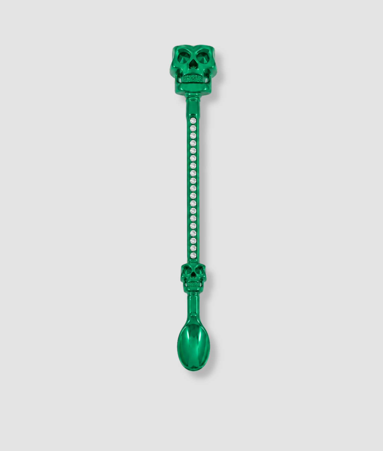 Groene doodskop mini schep cocktailstirrer met twee schedel figuren en witte kristallen steel grappig feest accessoire