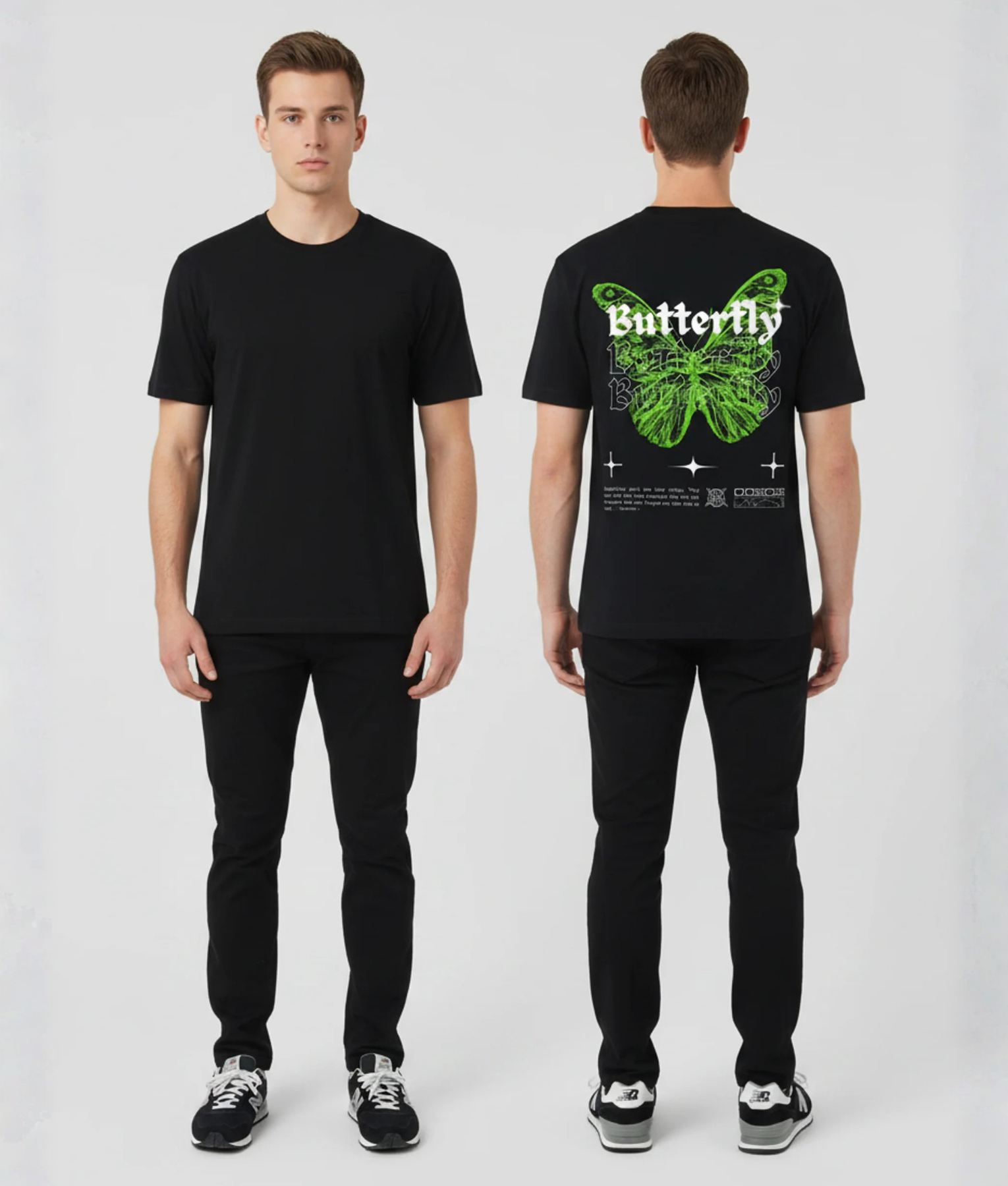 Zwart T-shirt met grote groene vlinder illustratie en Butterfly tekst herhalend in gothic lettertype met sterren op de rug