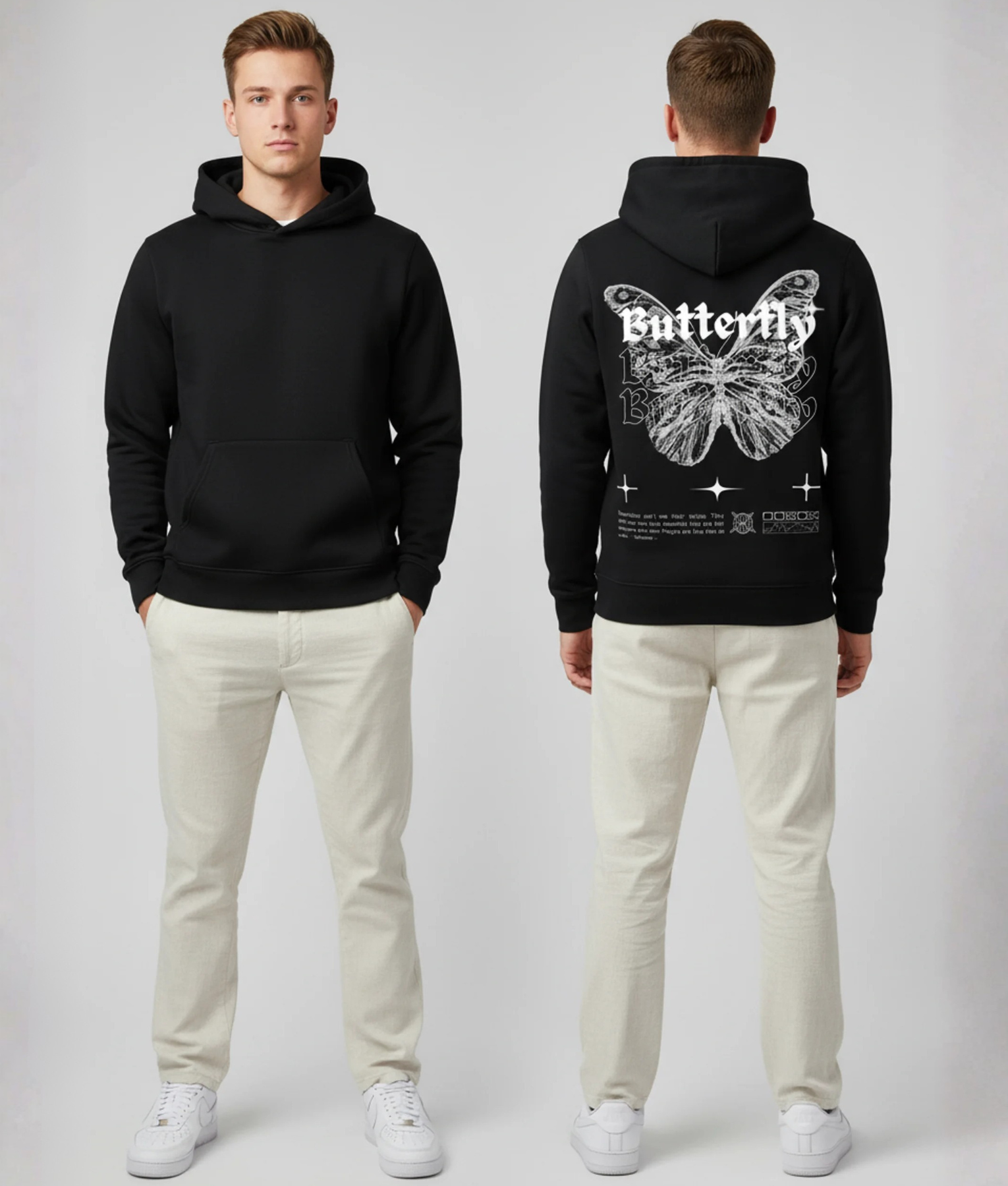 Zwarte hoodie met grijze vlinder en Butterfly print op de rug