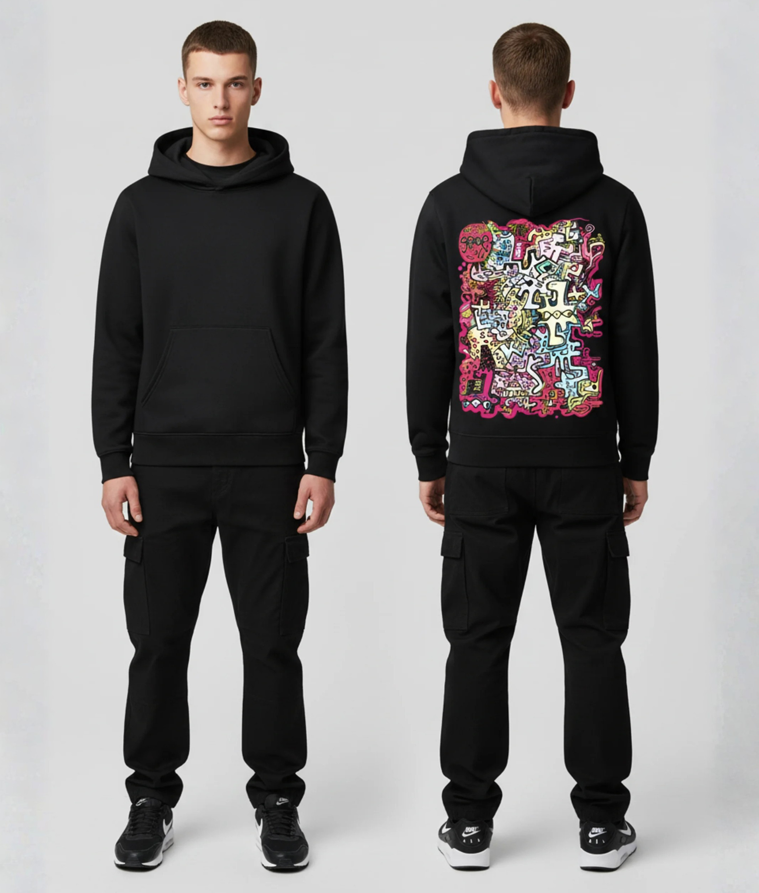Zwarte hoodie met kleurrijke chaotische doodle illustratie in roze en groen op de rug