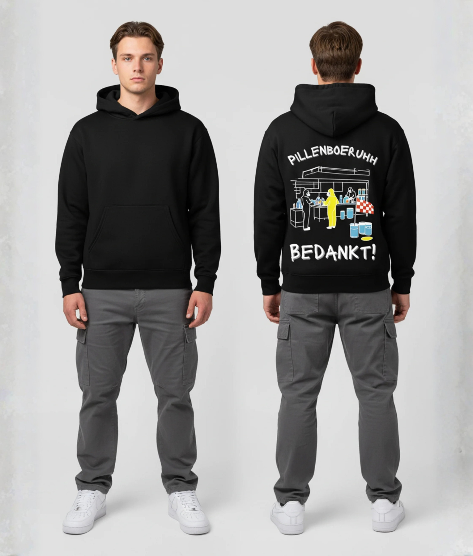 Zwarte hoodie met PILLENBOERUHH BEDANKT tekst en laboratorium illustratie op de rug
