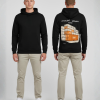 Zwarte hoodie met oranje containers en UITHALERS BEDANKT XOXO print op de rug