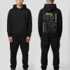 Zwarte hoodie met HYPNOTHIC tekst en techno grafisch design met gezicht en neongroen accent op de rug