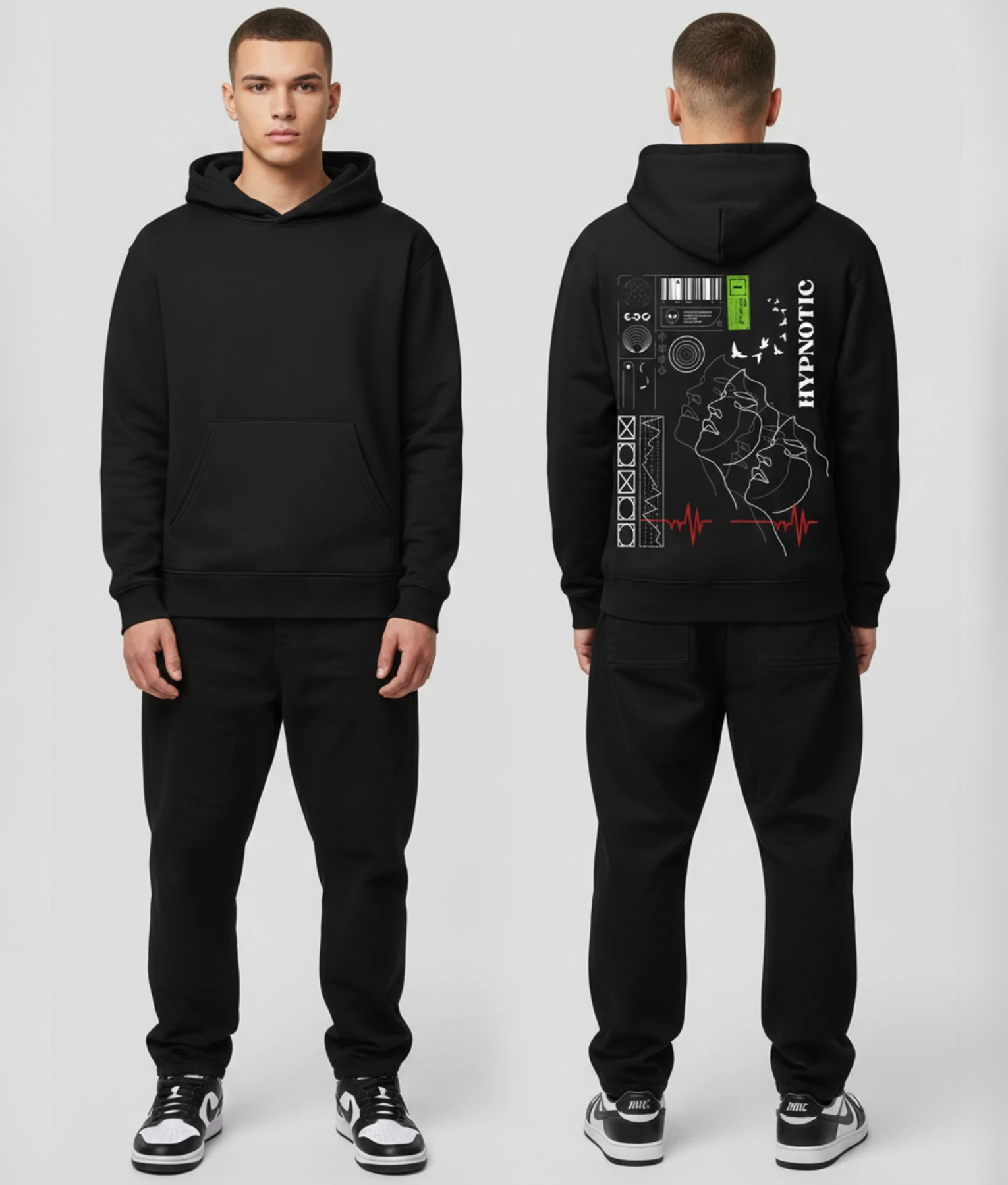 Zwarte hoodie met HYPNOTHIC tekst en techno grafisch design met gezicht en neongroen accent op de rug