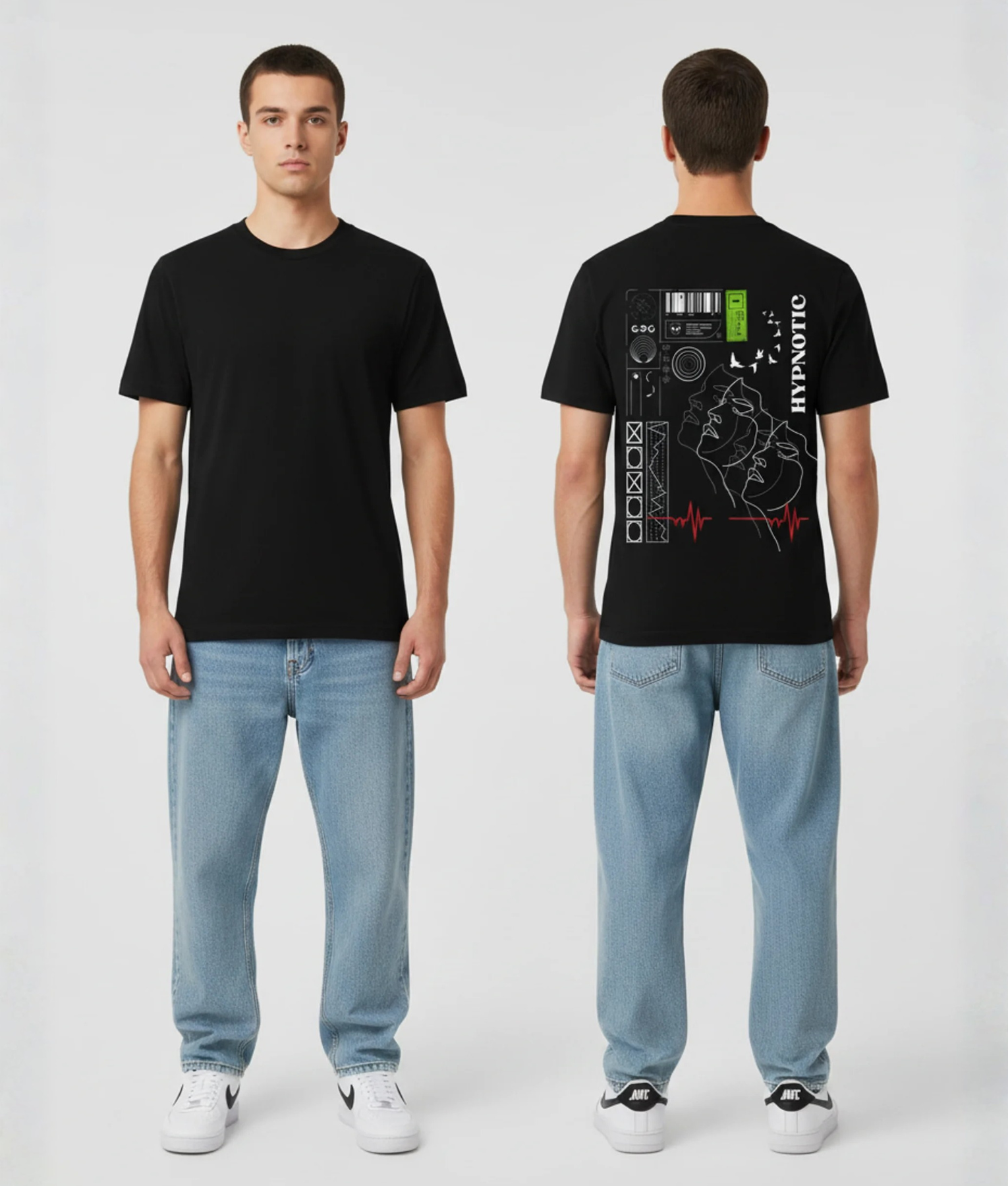Zwart T-shirt met HYPNOTIC tekst verticaal, witte lijntekening van een gezicht, geometrische symbolen, barcode en rode hartslag ECG-lijn op de rug