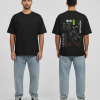Zwart T-shirt met HYPNOTIC tekst, gezichtslijnen illustratie, groene barcode, rode hartslag lijn en technische symbolen op de rug