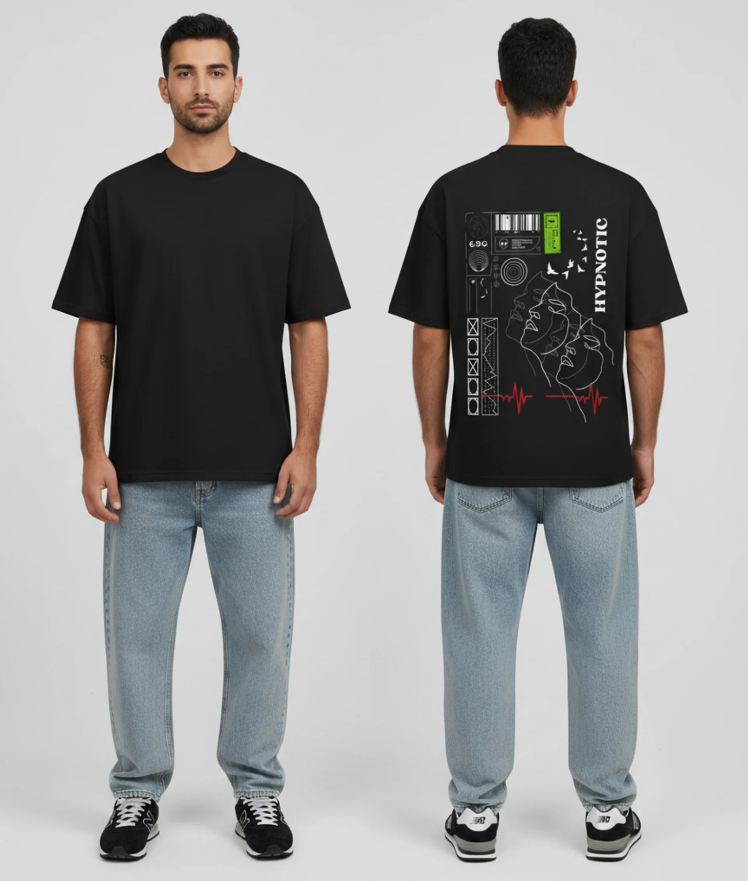 Zwart T-shirt met HYPNOTIC tekst, gezichtslijnen illustratie, groene barcode, rode hartslag lijn en technische symbolen op de rug