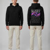 Zwarte hoodie met ILLUSION tekst en paarse abstracte figuur illustratie op de rug