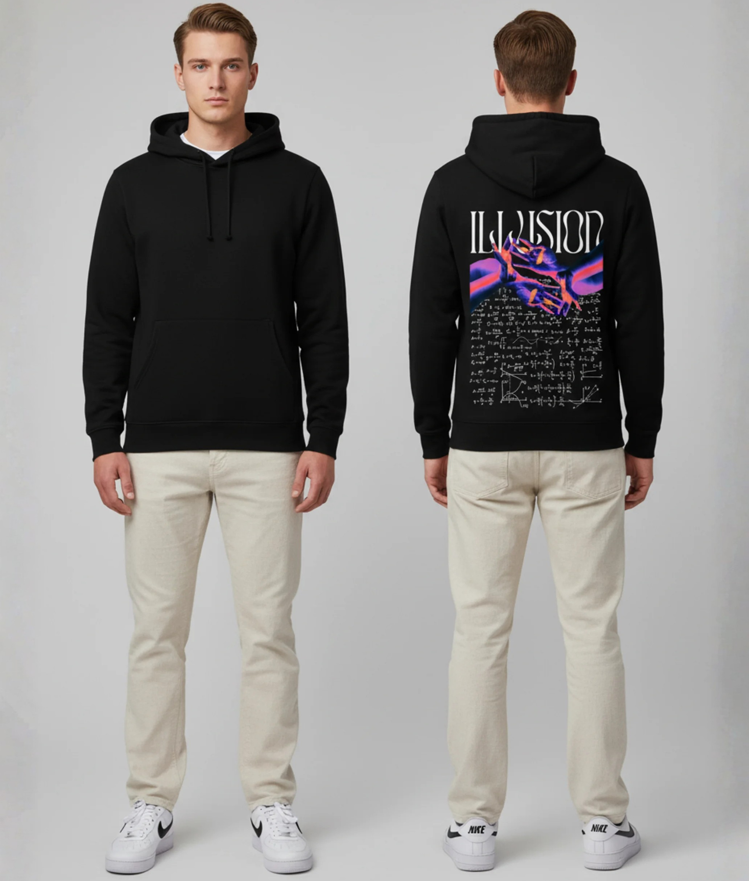 Zwarte hoodie met ILLUSION tekst en paarse abstracte figuur illustratie op de rug