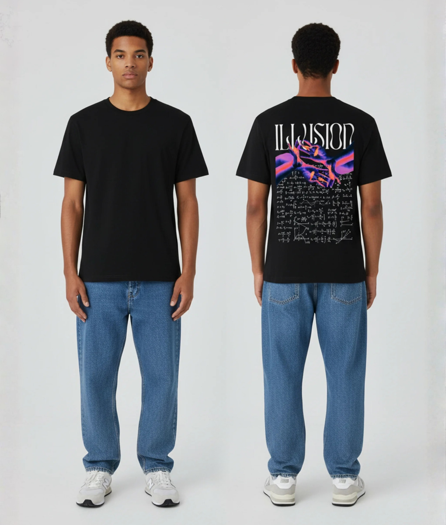 Zwart unisex T-shirt voor- en achteraanzicht gedragen door mannelijk model met ILLUSION print en psychedelische vlinder illustratie in paars en oranje op de rug