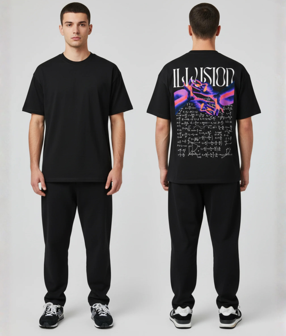 Zwart T-shirt met ILLUSION tekst, paarse en oranje abstracte handen illustratie en wiskundige formules op de rug