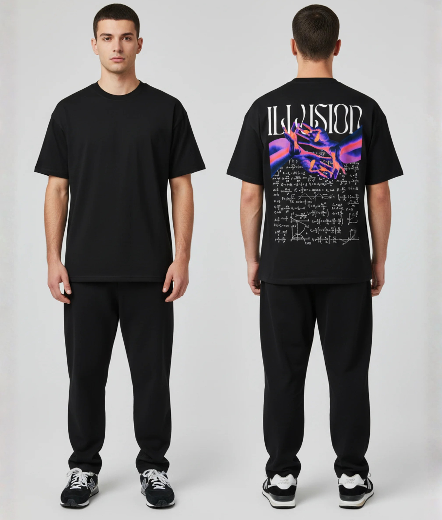 Zwart T-shirt met ILLUSION tekst, paarse en oranje abstracte handen illustratie en wiskundige formules op de rug