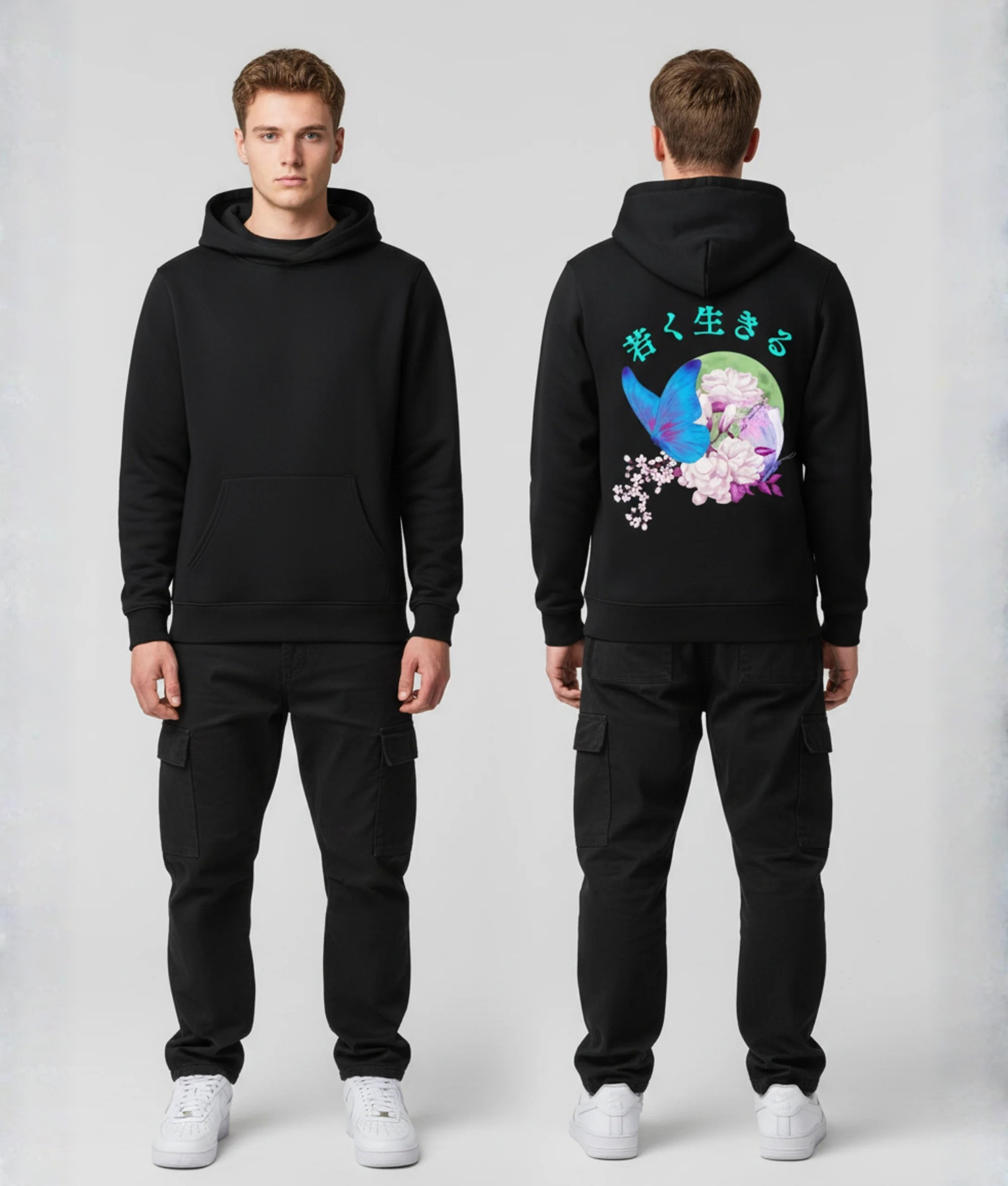 Zwarte hoodie met Japanse streetart illustratie in blauw en roze met Japanse tekens op de rug