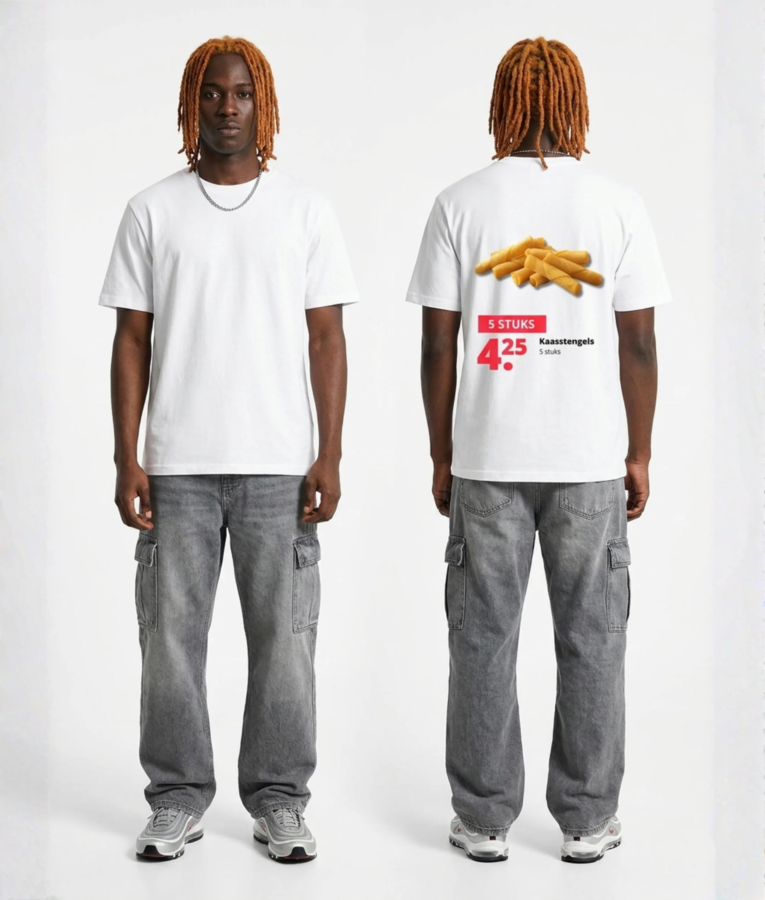 Wit unisex T-shirt voor- en achteraanzicht gedragen door mannelijk model met Kaasstengels 5 stuks supermarkt reclame print op de rug