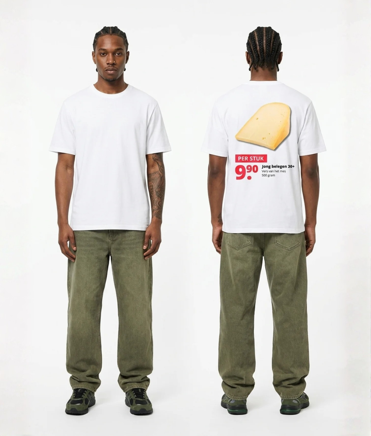 Wit unisex t-shirt met kaaswig opdruk van PEP SCHEP – grote rugprint met jong belegen kaas illustratie en supermarkt prijskaartje design