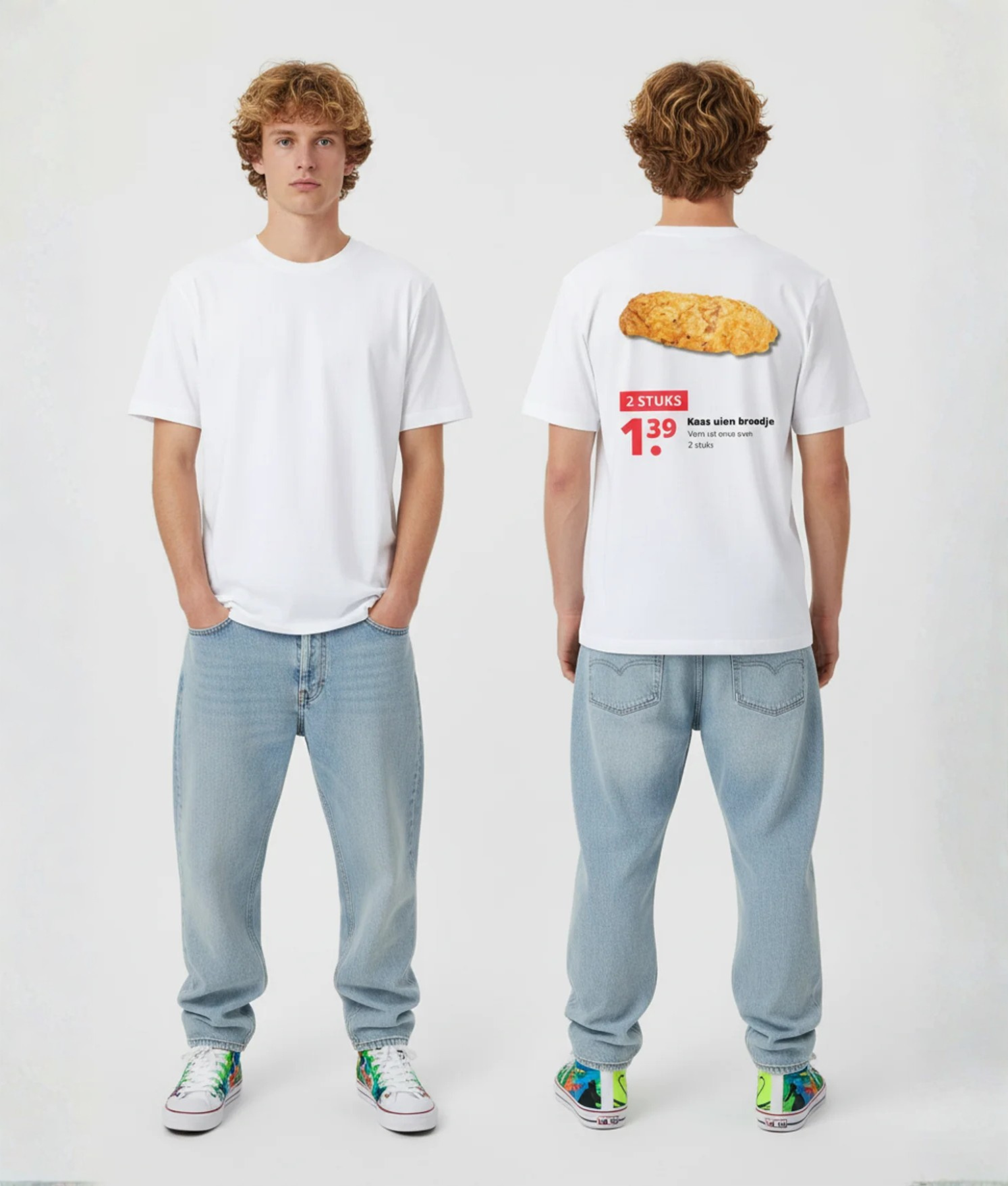 Wit T-shirt met supermarkt aanbieding print van kaas-uien broodje met foto, 2 STUKS, 1,39 prijs en Kaas uien broodje tekst op de rug