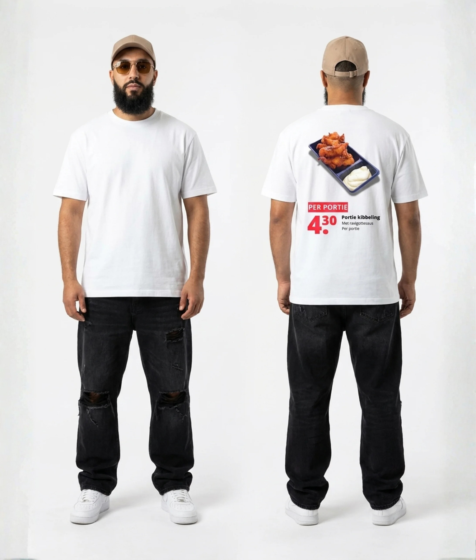 Wit unisex T-shirt voor- en achteraanzicht gedragen door mannelijk model met Portie kibbeling supermarkt reclame print op de rug